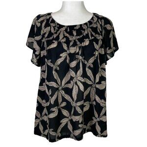 Loft Shirt Size XL Black Beige Knot Round Neck Short Sleeve Business Casual Work